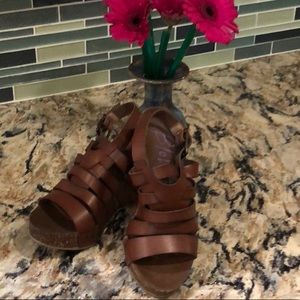 Blowfish brown leather strappy wedge sandals